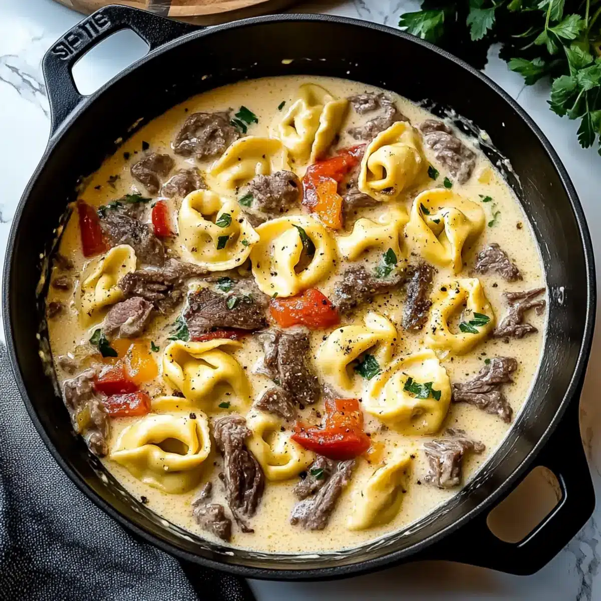 Cheesesteak Tortellini in Creamy Provolone Sauce